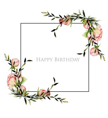Suluboya gül ve dalları zarif çerçeve, beyaz bir arka plan üzerine çizilmiş el, doğum günü kartı tasarımı