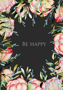 Suluboya gül, yeşil yaprak ve dalları, el koyu bir arka plan, Mutlu kart tasarımı çizilmiş kart şablonu