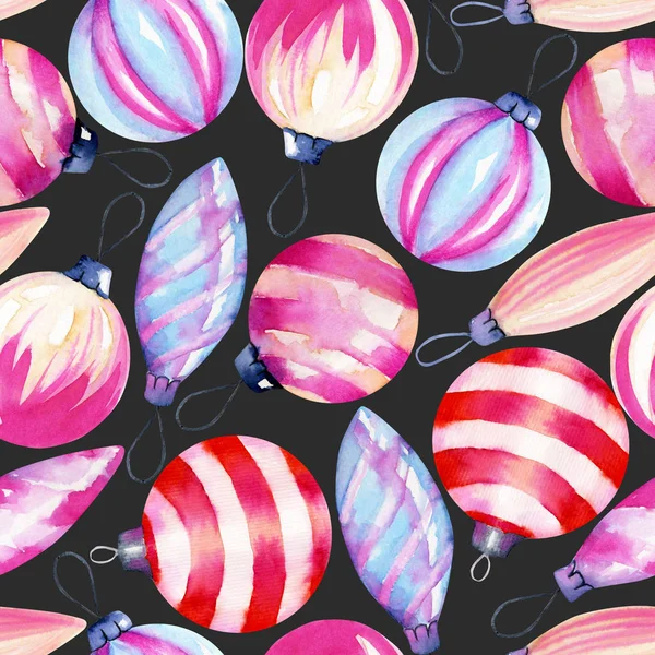 Seamless Pattern Watercolor Christmas Decorations Hand Drawn Dark Background — Stock Photo, Image