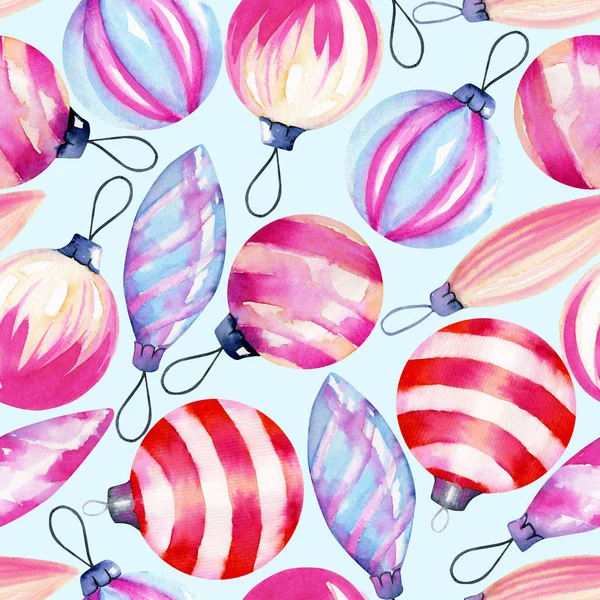 Seamless Pattern Watercolor Christmas Decorations Hand Drawn Blue Background — Stock Photo, Image