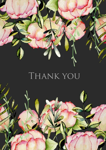 Suluboya gül, yeşil yaprak ve dalları, el koyu bir arka plan üzerine çizilmiş kart şablonu, Kart tasarımı teşekkür ederiz