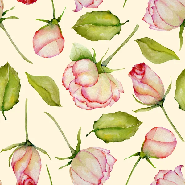 水彩玫瑰 绿叶无缝图案 手绘在粉红色背景 — 图库照片