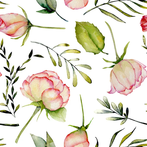 水彩玫瑰 绿叶和树枝无缝图案 手绘在白色背景 — 图库照片
