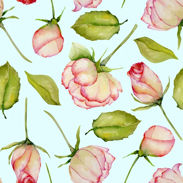 Rose Acquerello Foglie Verdi Modello Senza Soluzione Continuità Disegnato Mano — Foto Stock