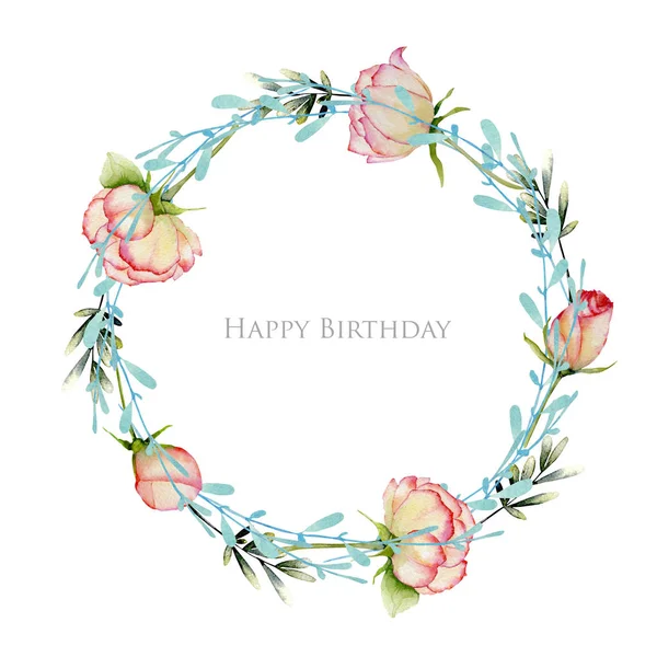 Watercolor Roses Blue Branches Wreath Hand Drawn White Background Birthday — Stock Photo, Image