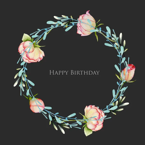 Watercolor Roses Blue Branches Wreath Hand Drawn Dark Background Birthday — Stock Photo, Image