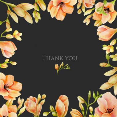 Suluboya şeftali freesia çiçek kartı şablonu, el koyu bir arka plan üzerine çizilmiş, Kart tasarımı teşekkür ederiz