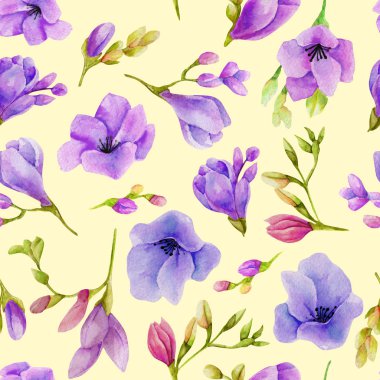 Suluboya mor freesia çiçekler dikişsiz desen, el sarı bir arka plan üzerine çizilmiş