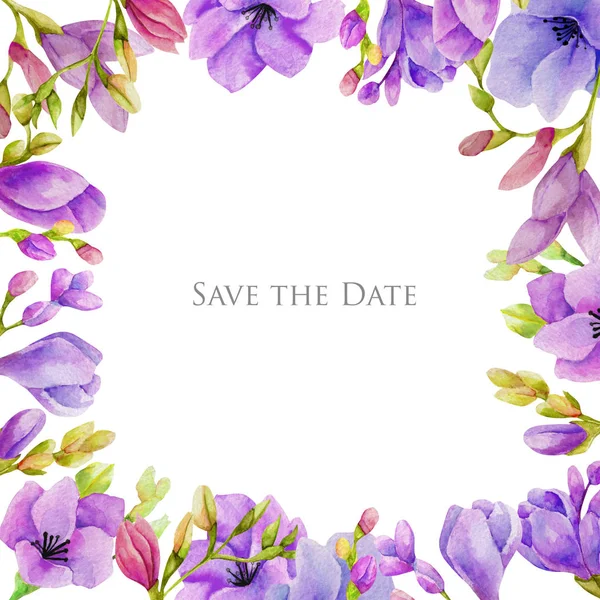 Watercolor purple freesia flowers card template, hand drawn on a white background, Save the date card design