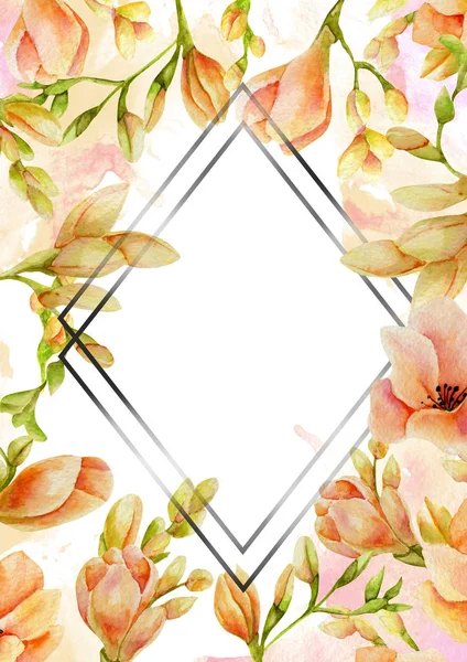 Watercolor Peach Freesia Flowers Rhombus Frame Hand Drawn White Background — Stock Photo, Image