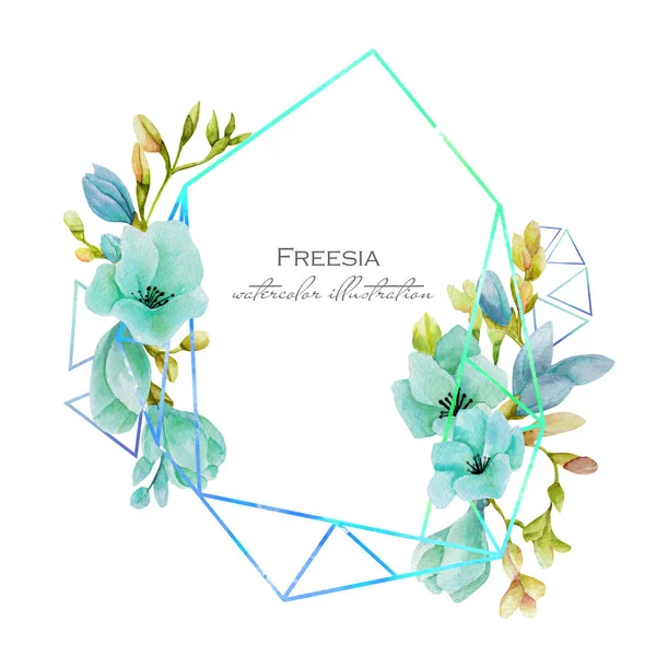 Watercolor Blue Freesia Flowers Geometric Stylish Frame Hand Drawn White — Stock Photo, Image