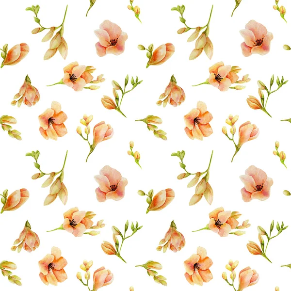 Aquarell Pfirsich Freesia Blüten Nahtlose Muster Von Hand Auf Weißem — Stockfoto