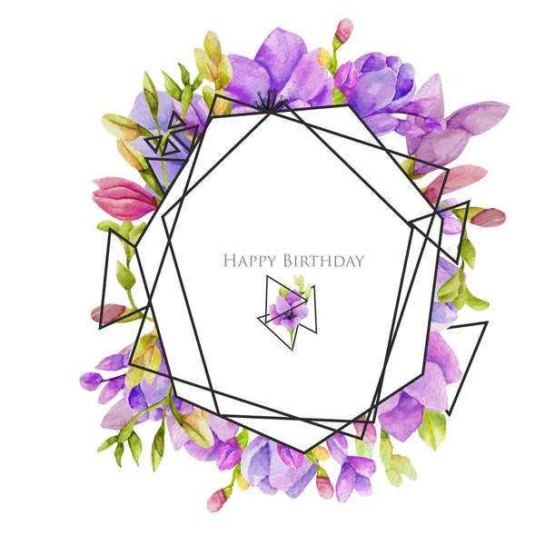 水彩画紫色のフリージア花幾何学的なスタイリッシュなフレーム 白い背景に描かれた手 バースデーカードデザイン — ストック写真