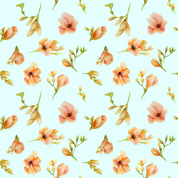 Watercolor Peach Freesia Flowers Seamless Pattern Hand Drawn Turquoise Background — Stock Photo, Image