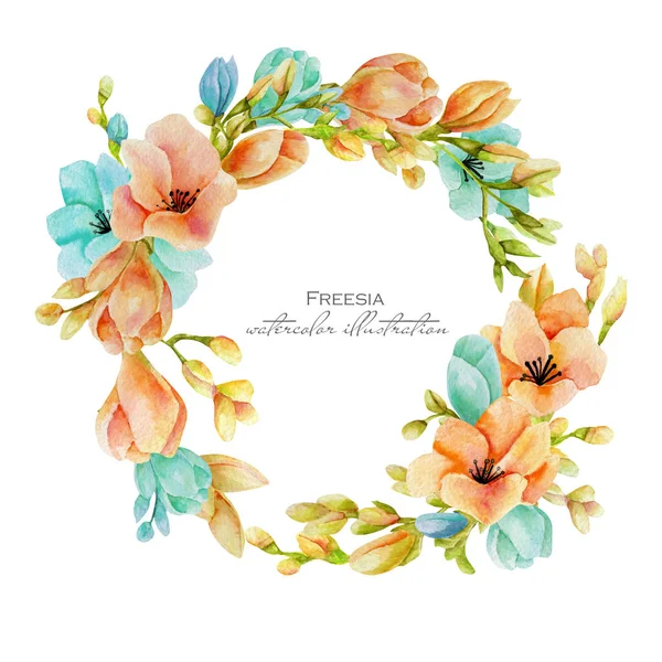 Watercolor Pink Blue Freesia Flowers Wreath Hand Drawn Isolated White — Free Stock Photo