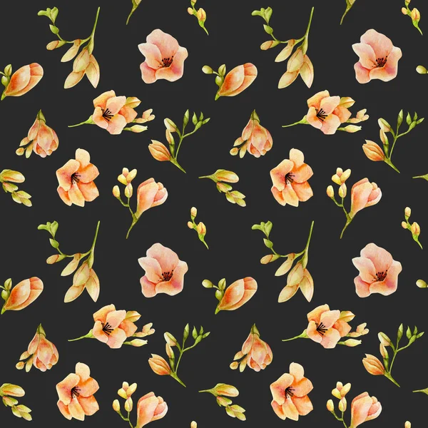 Watercolor Peach Freesia Flowers Seamless Pattern Hand Drawn Dark Background — Stock Photo, Image