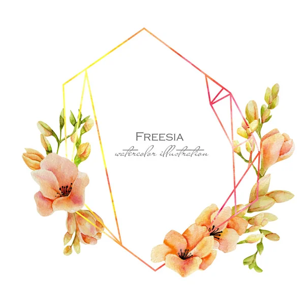 수채화 복숭아 Freesia 기하학적 세련된 프레임 배경에 그려진 인사말 디자인 — 스톡 사진