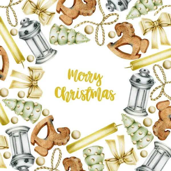 Tarjeta Navidad Con Elementos Navidad Dibujados Mano Velas Juguetes Madera — Foto de Stock