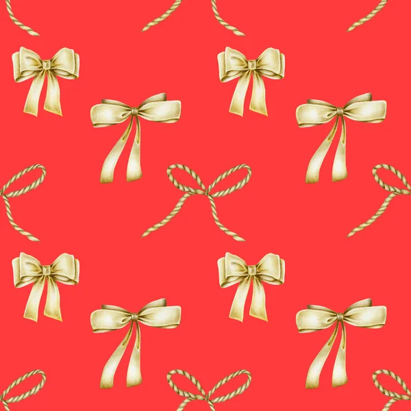 Seamless Pattern Golden Bows Hand Drawn Red Background — Stock Photo, Image
