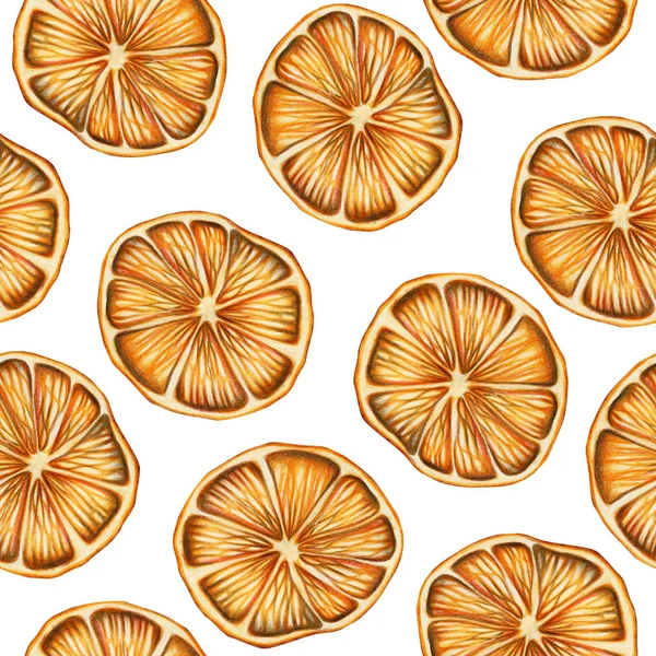 Patrón Sin Costura Naranjas Secas Dibujado Mano Sobre Fondo Blanco — Foto de Stock