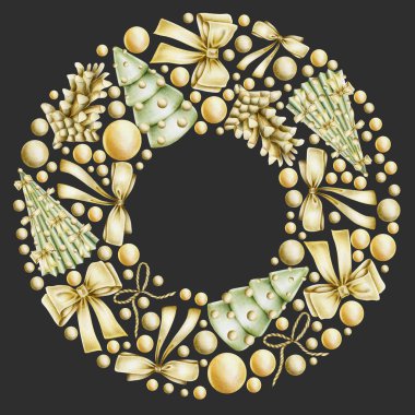 El çizilmiş altın Noel elemanları (yay, topları, köknar konileri) ile Noel çelenk koyu bir arka plan, Noel kartı çerçeve tasarımı