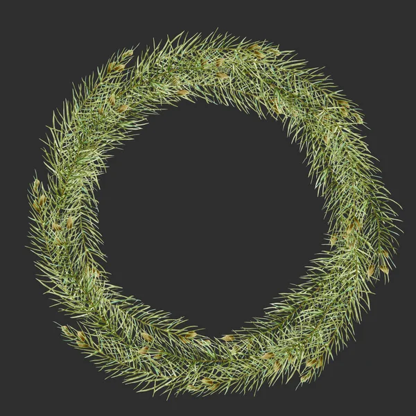 Wreath of watercolor branches of spruce, hand drawn on a dark background