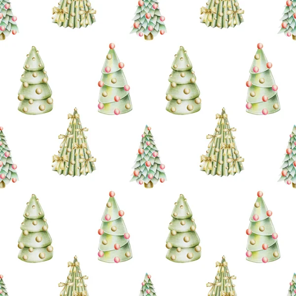 Seamless Pattern Christmas Trees Decorations Hand Drawn White Background — Stock Photo, Image