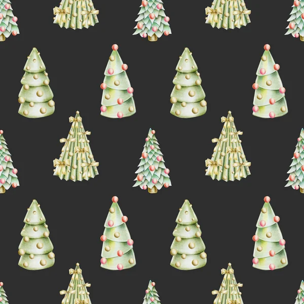 Seamless Pattern Christmas Trees Decorations Hand Drawn Dark Background — Stock Photo, Image