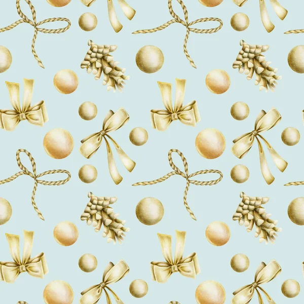 Seamless Pattern Hand Drawn Golden Christmas Elements Bows Balls Fir — Stock Photo, Image