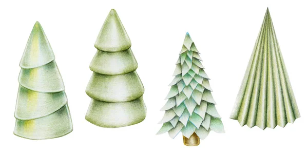 クリスマスツリーのコレクション 白い背景に孤立した手描き — ストック写真