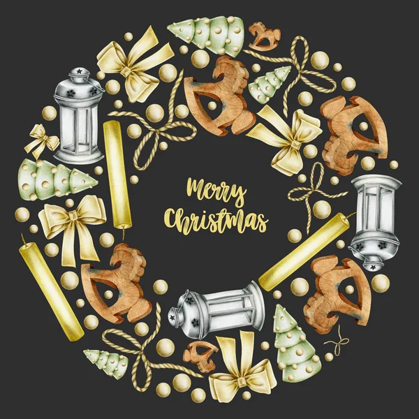 Corona Navidad Con Elementos Navidad Dibujados Mano Velas Caballo Madera — Foto de Stock