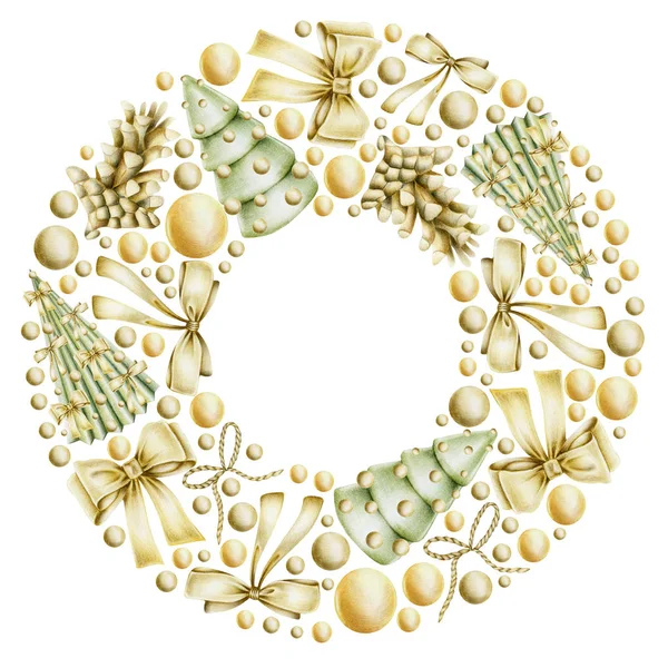 Christmas Wreath Hand Drawn Golden Christmas Elements Bows Balls Fir — Stock Photo, Image