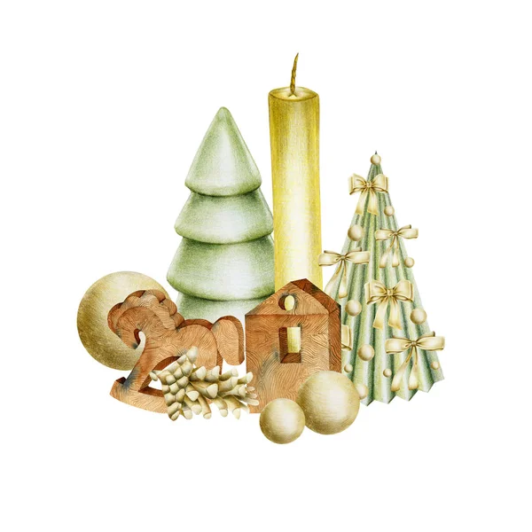 Složení Vánočních Dekorací Svíčky Dřevěné Hračky Vánoční Stromky Ručně Tažené — Stock fotografie