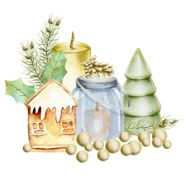 Composition Watercolor Christmas Decorations Gingerbread Candles Cones Christmas Trees Hand — Stock Photo, Image
