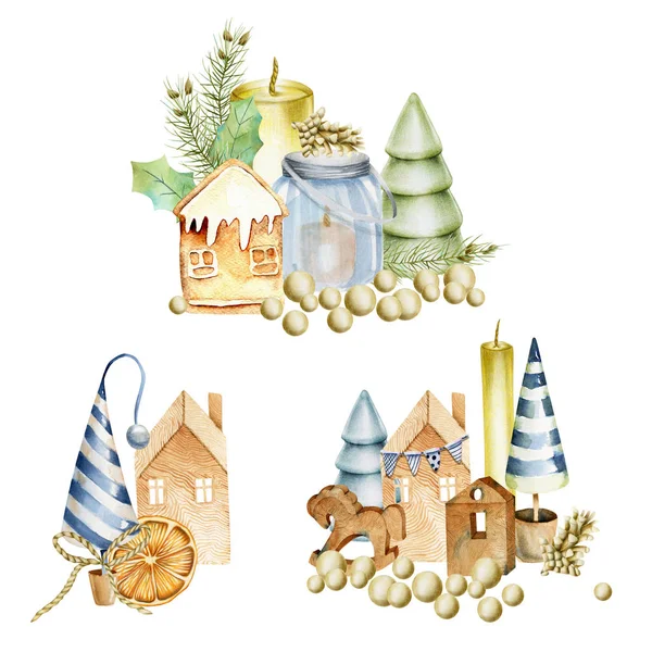 Kompozycja Akwarela Dekoracje Świąteczne Pierniki Świece Stożki Choinki Zabawki Drewniane — Zdjęcie stockowe