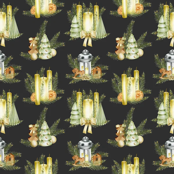 Seamless pattern with compositions of Christmas decorations (lantern, candles, spruce branches, Christmas trees, wooden toys), hand drawn on a dark background