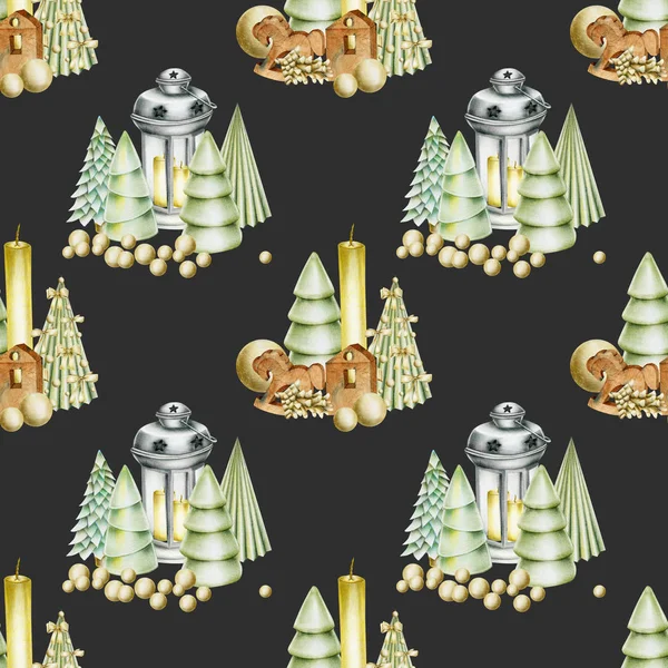 Nahtloses Muster Mit Kompositionen Von Weihnachtsdekorationen Kerzen Zapfen Weihnachtsbäume Holzspielzeug — Stockfoto