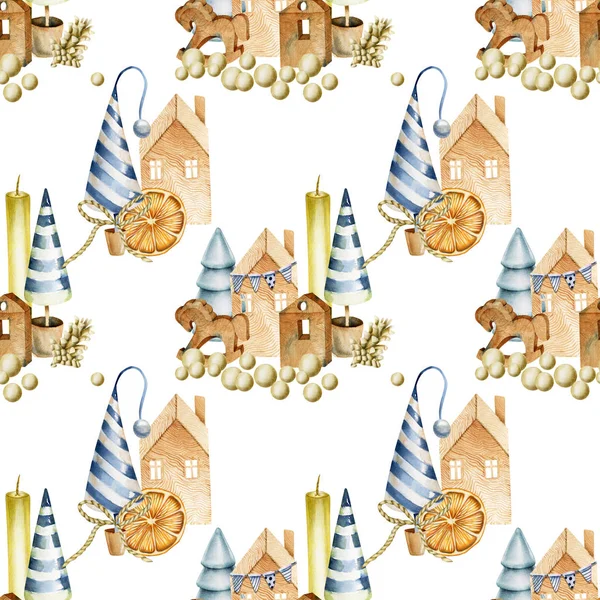 Seamless pattern with compositions of Christmas decorations (candles, cones, Christmas trees, wooden toys), hand drawn on a white background