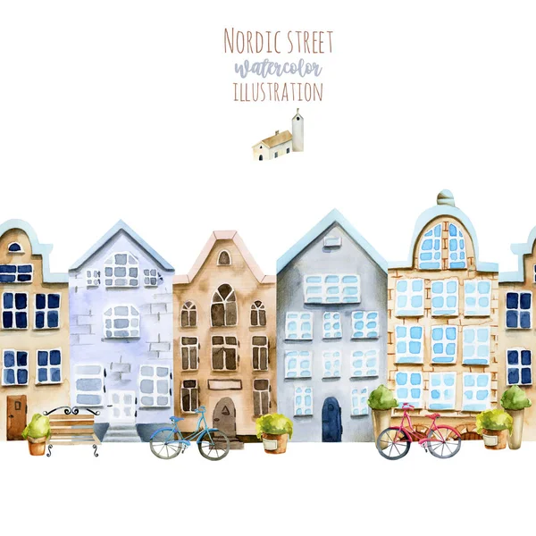 Horizontale Nahtlose Darstellung Skandinavischer Häuser Mit Aquarell Straße Nordischer Architektur — Stockfoto