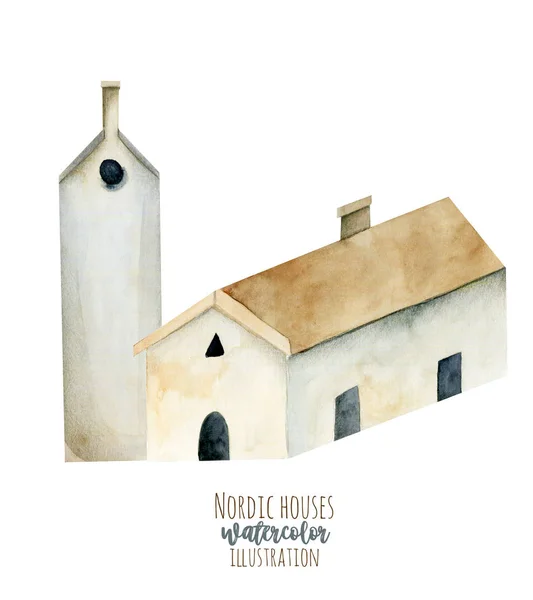 Ilustrace Akvarel Evropská Starověká Architektura Severská Domeček Ručně Malovaná Bílém — Stock fotografie