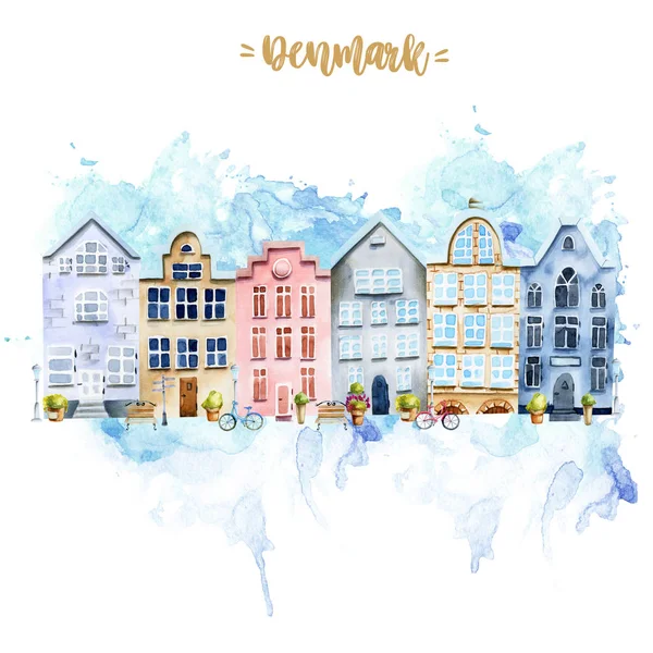 Card Template Scandinavian Houses Nordic Architecture Hand Painted White Background — Stock Photo, Image