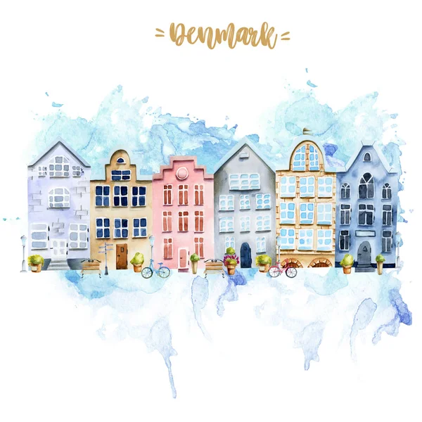 Card template with scandinavian houses, nordic architecture, hand painted on a white background and blue watercolor splashes, Denmark card design