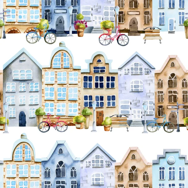Seamless pattern of watercolor scandinavian houses street, nordic architecture, hand painted on a white background