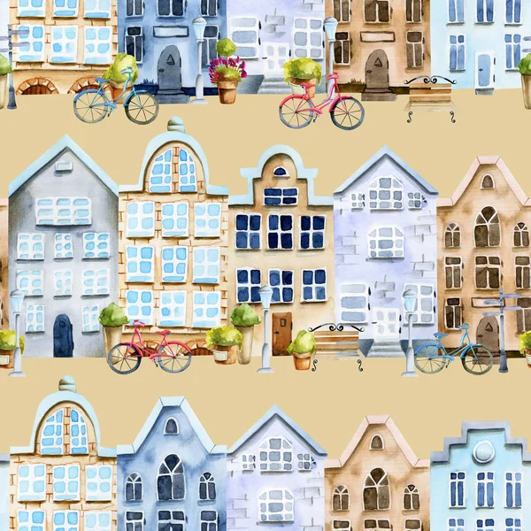 Seamless pattern of watercolor scandinavian houses street, nordic architecture, hand painted on a brown background