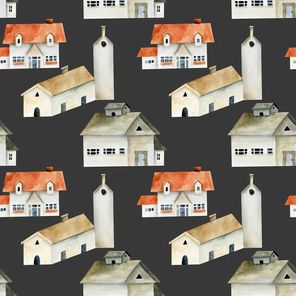 Бесшовный Рисунок Акварельных Европейских Старинных Домов Раскрашенных Вручную Темном Фоне — Бесплатное стоковое фото