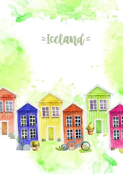 Kaart Sjabloon Met Aquarel Schattig Kleurrijke Nordic Houten Huizen Hand — Stockfoto
