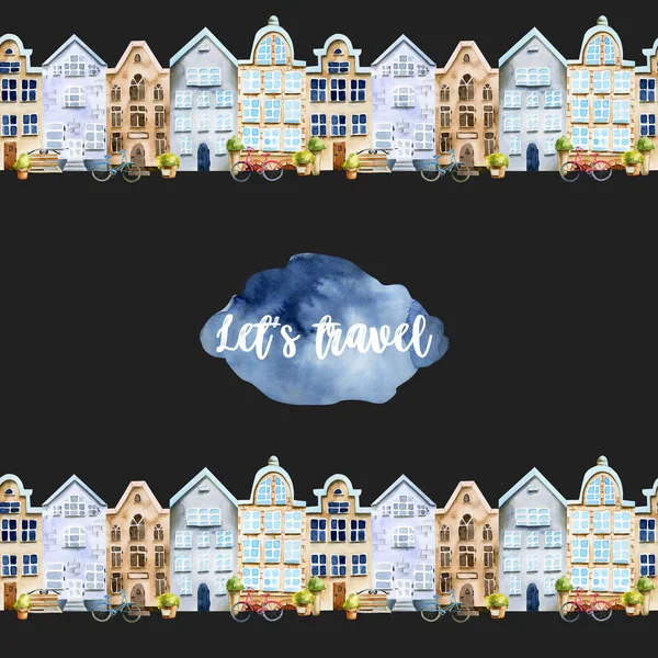 Card template with watercolor scandinavian houses street, hand painted on a dark background, motivation card design