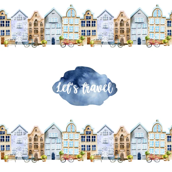 Card template with watercolor scandinavian houses street, hand painted on a white background, motivation card design