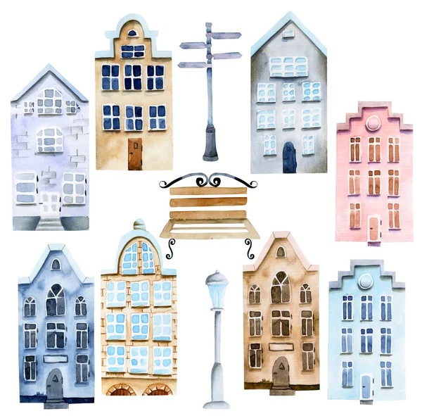 Collection of watercolor scandinavian houses and street attributes, nordic architecture, hand painted on a white background