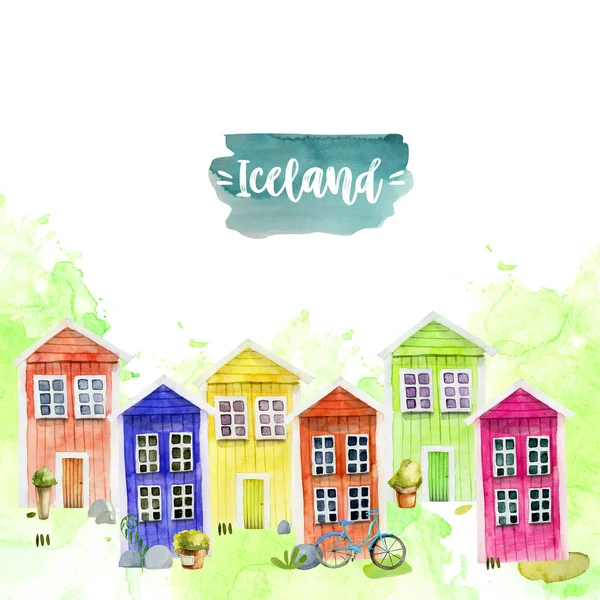 Card template with watercolor cute colorful nordic wooden houses, hand painted on a white background, Iceland card design — Stock Image Card Template Watercolor Cute Colorful Nordic Wooden Houses Hand Painted Royalty Free Stock Photos